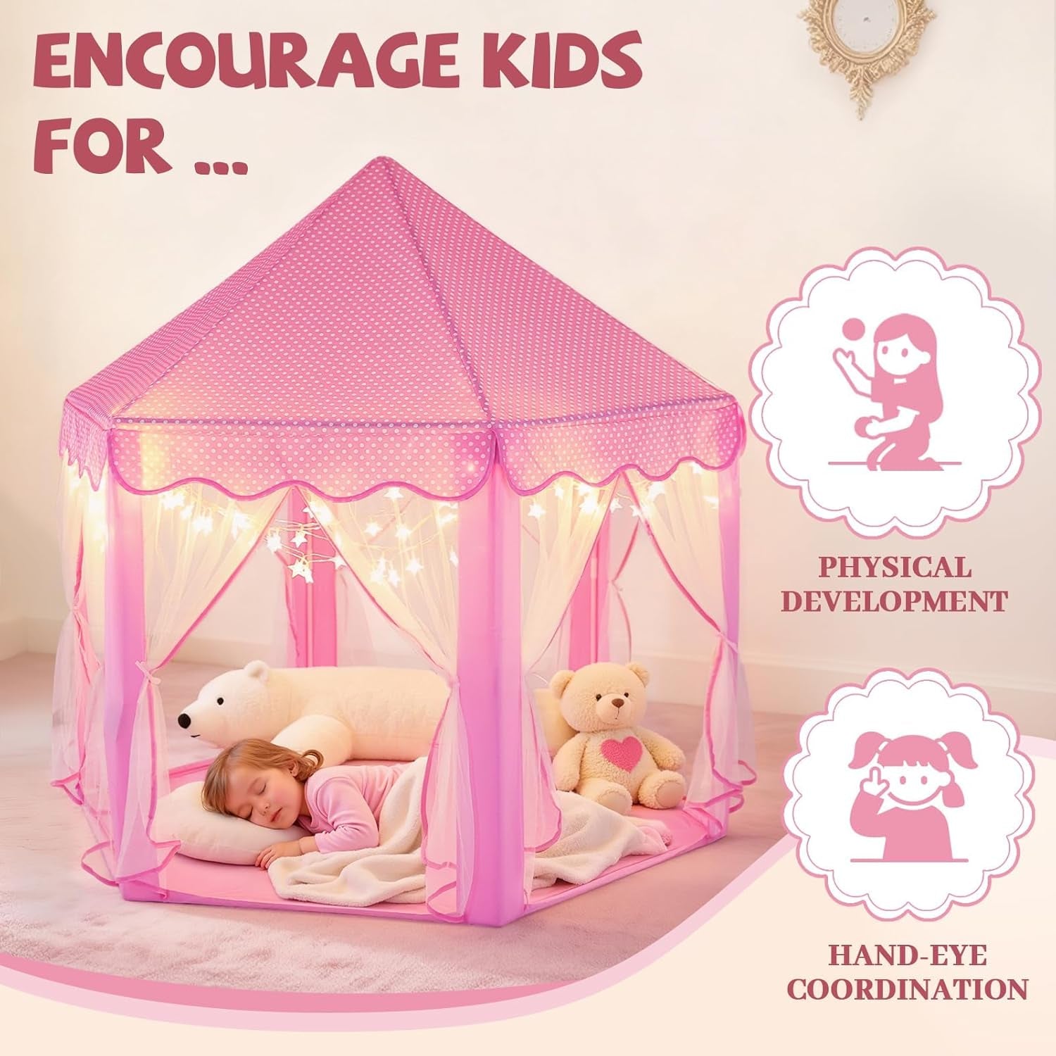 Princess Castle Tent for Girls Fairy Play Tents for Kids Hexagon Playhouse with Fairy Star Lights Toys for Children or Toddlers Indoor or Outdoor Games (Pink)