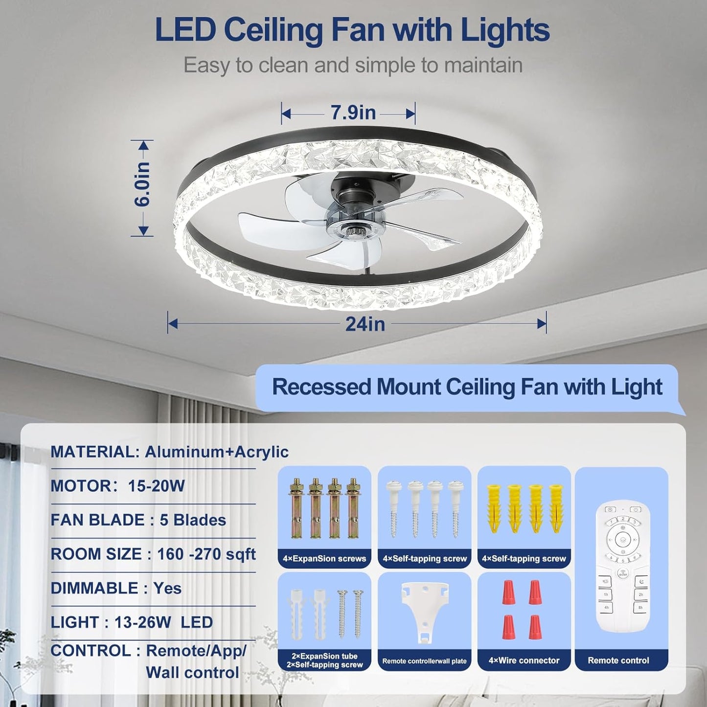 Ceiling Fans with Lights, 24 Inch Low Profile Flush Mount Fandelier Ceiling Fan with Remote, Low Noise, Reversible DC Motor, Dimmable LED Fan for Bedroom, Kitchen, Dining Room, Kids Room