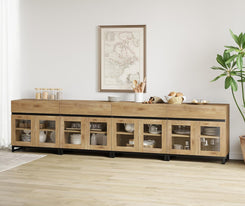 4 in 1 Multifunctional Sideboard Buffet Cabinets with 8 Glass Doors and 4 Drawers, Modern Sideboard Credenza with and Metal Base, Coffee Bar Storage Cabinet for Living Room, Kitchen, Oak