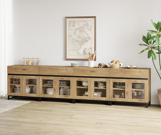 4 in 1 Multifunctional Sideboard Buffet Cabinets with 8 Glass Doors and 4 Drawers, Modern Sideboard Credenza with and Metal Base, Coffee Bar Storage Cabinet for Living Room, Kitchen, Oak