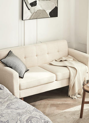 65-Inch Mid-Century Modern Loveseat Sofa, Upholstered Button-Tufted Couch for Living Room and Bedroom, Beige Linen Fabric with Solid Wood Legs and Pocket Spring Support, Easy Assembly