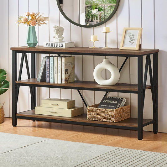 Entryway Console Table, Rustic Couch with Wide Storage, Industrial Sofa Tables with 3-Tier Open Shelves, Entryway Table for Living Room, Hallway, Brown, 55 Inch