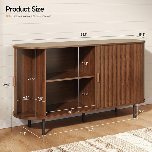 55" Sideboard Buffet Cabinet with Storage, Sliding Door & Adjustable Shelf, Modern Accent Coffee Bar Console Table for Kitchen, Entryway, Walnut