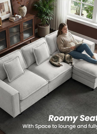 107" Modular Sectional Sofa with Ottoman, Deep 4-Seat L-Shaped Couch, Beige Cloud Couch with Throw Pillows for Living Room