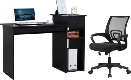 Home Office Modern Desk and Chair Set Computer Desk W/Drawer & Shelves with Ergonomic Mesh Height Adjustable Office Chair