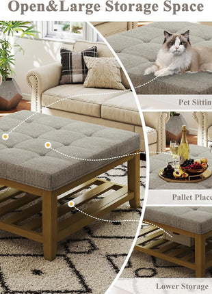 Large Square Ottoman Coffee Table with Solid Wood Shelf Storage and Upholstered Linen Footrest, Tufted Design for Living Room and Bedroom
