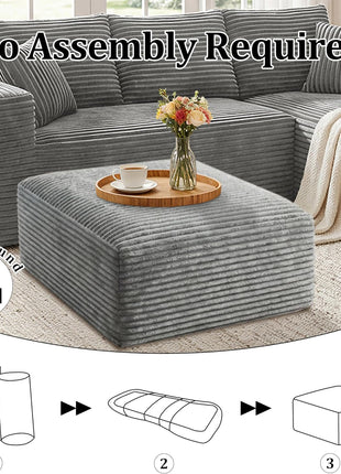 Oversized Foam Support Corduroy Ottoman for Living Room and Bedroom in Light Gray - No Assembly Required