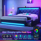 Full Bed Frame with LED Lights and Charging Station, Upholstered Bed with Drawers, Wooden Slats, Noise Free, Easy Assembly, Dark Gray
