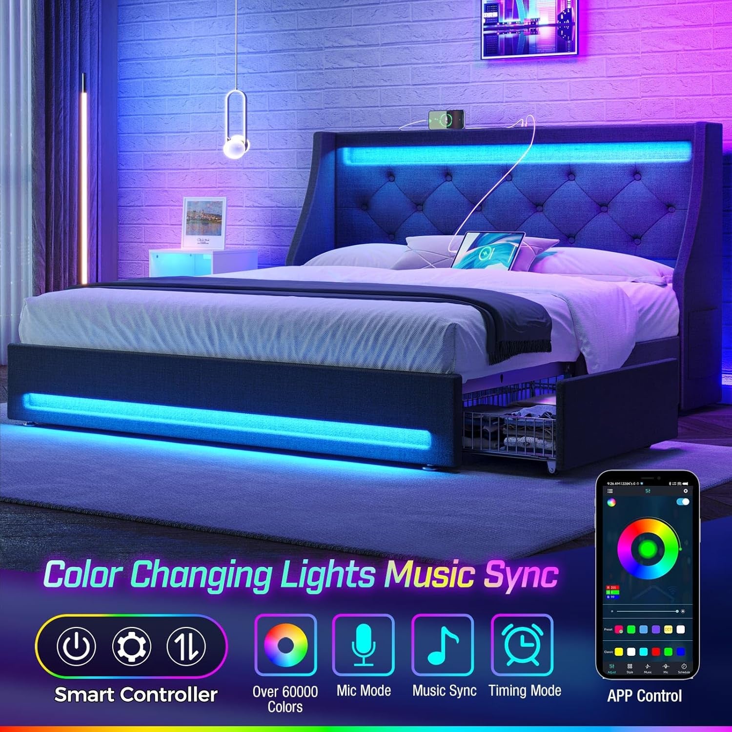 Full Bed Frame with LED Lights and Charging Station, Upholstered Bed with Drawers, Wooden Slats, Noise Free, Easy Assembly, Dark Gray