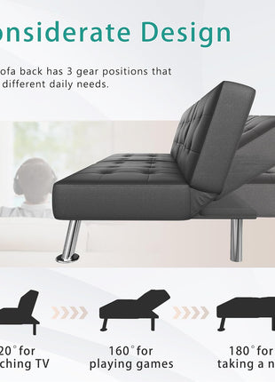 Modern Convertible Futon Sofa Bed with Recliner Lounge and Removable Armrests, Black PU Leather, Featuring Dual Cup Holders