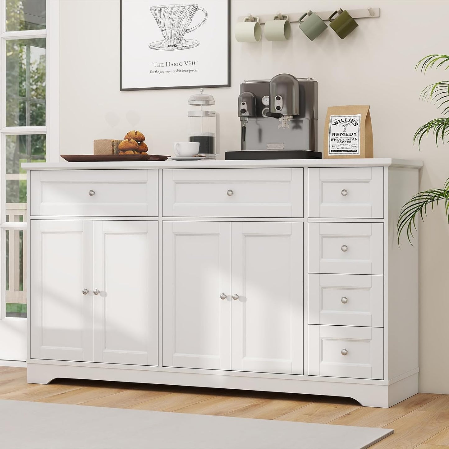 Large Buffet Cabinet with Storage, 59” Kitchen Cabinet with 4 Doors, 6 Drawers & 2 Adjustable Shelves, Modern Sideboard for Living Room, Coffee Bar, White