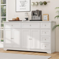 Large Buffet Cabinet with Storage, 59” Kitchen Cabinet with 4 Doors, 6 Drawers & 2 Adjustable Shelves, Modern Sideboard for Living Room, Coffee Bar, White