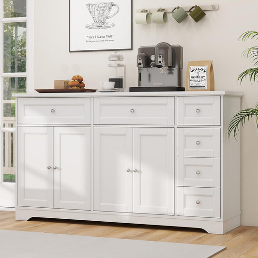 Large Buffet Cabinet with Storage, 59” Kitchen Cabinet with 4 Doors, 6 Drawers & 2 Adjustable Shelves, Modern Sideboard for Living Room, Coffee Bar, White
