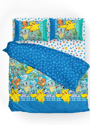 Pokémon First Starters Full Size Bed in a Bag Set featuring Pikachu, Charmander, Squirtle, and Bulbasaur for Kids Bedding Comforter and Sheets