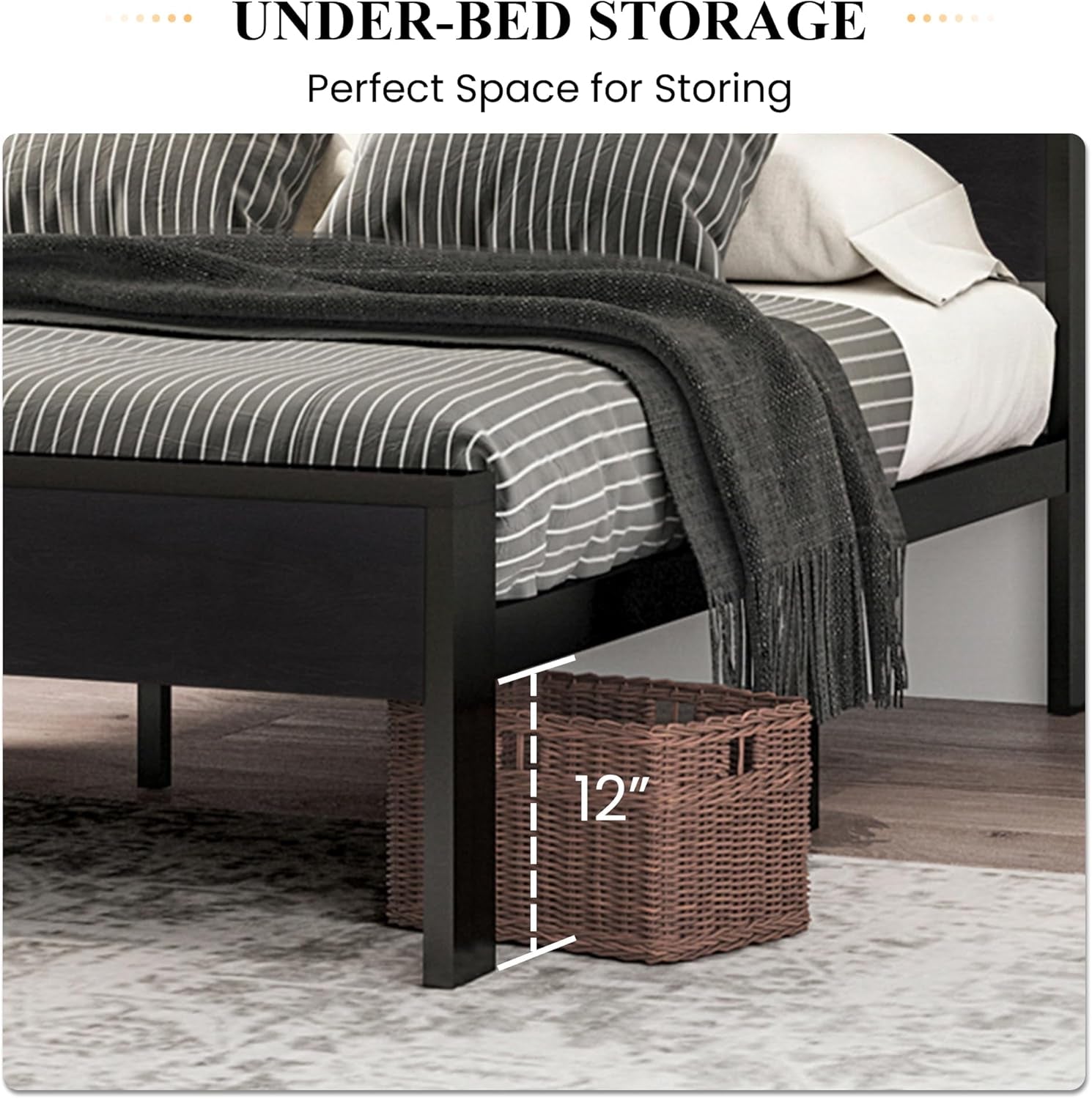 14 Inch Queen Size Metal Platform Bed Frame with Wooden Headboard and Footboard, Mattress Foundation, No Box Spring Needed, Large under Bed Storage, Non-Slip without Noise, Black Oak