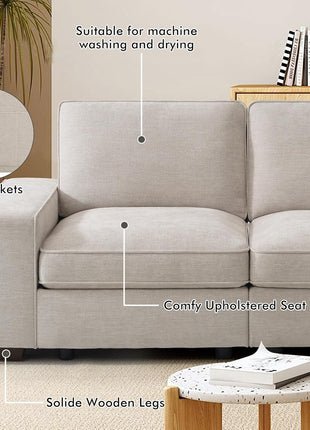 100-Inch Modular Sofa with Storage Seats, Comfortable 3-Seater Chenille Fabric Couch for Living Room, Office, Apartment with Deep Seating, Wide Arms, Side Pockets, USB Ports, and Removable Upholstered Covers in Beige