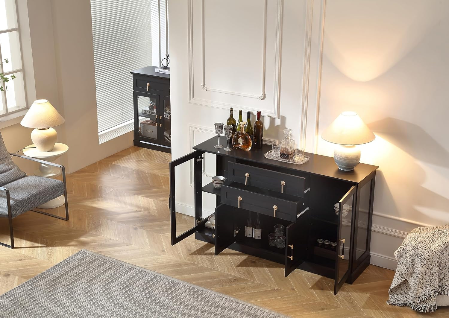 58.2'' Modern Sideboard Buffet Cabinet with Storage, Accent Coffee Bar Cabinet with 2 Glass Doors,Sideboard Credenza with Two Drawers and Adjustable Shelves,Black