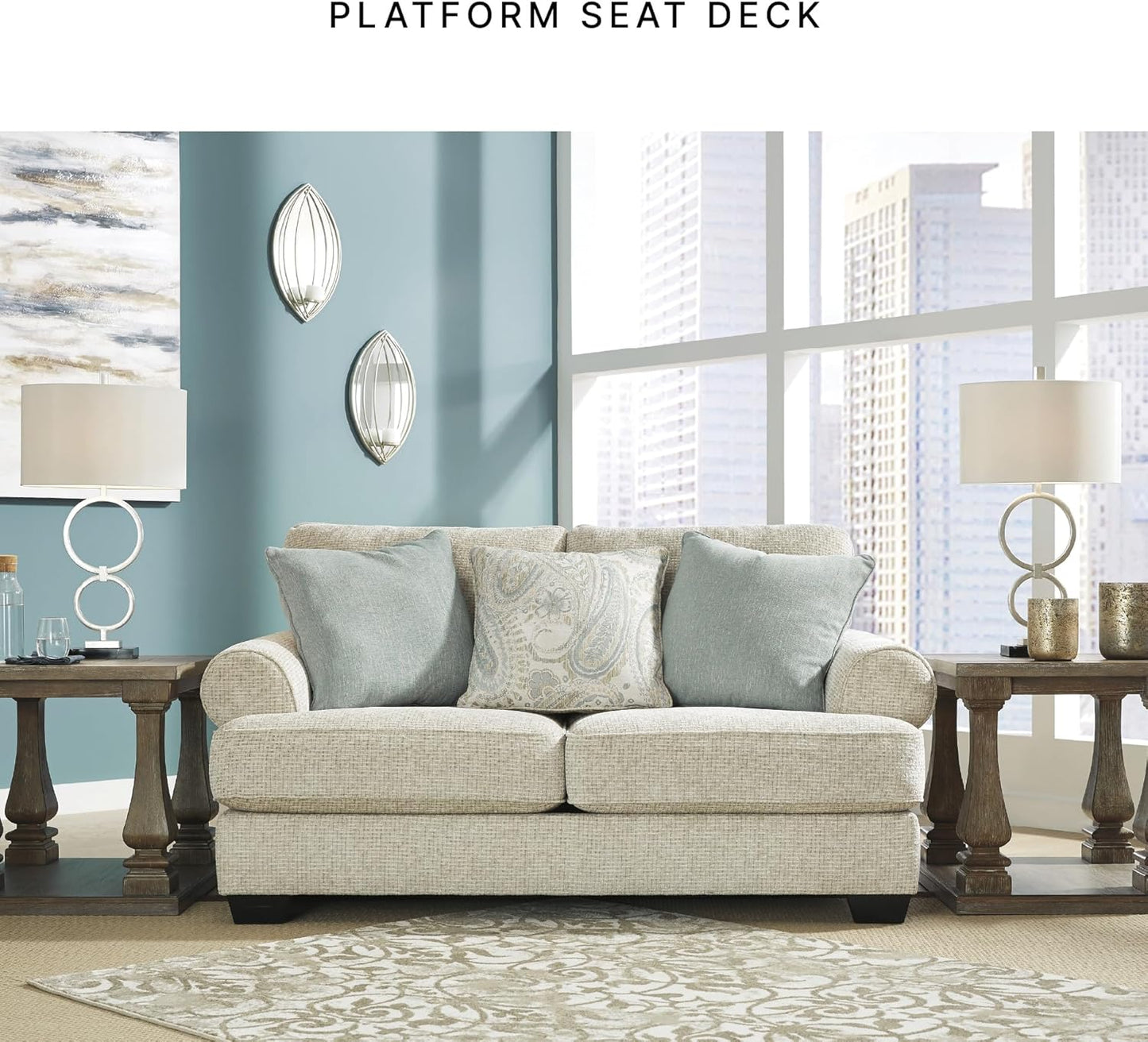 Monaghan Vintage Loveseat with Accent Pillows, Reversible Cushions and Rolled Arms, Beige