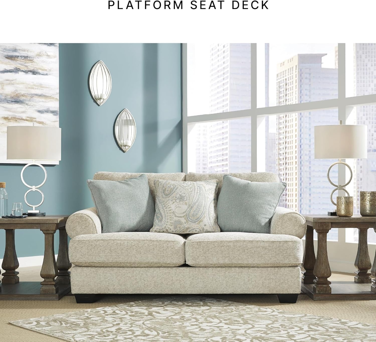 Monaghan Vintage Loveseat with Accent Pillows, Reversible Cushions and Rolled Arms, Beige