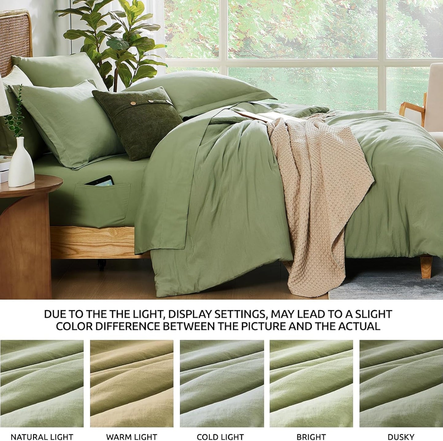 Queen Comforter Set - 7 Pieces Sage Green Soft Bed in a Bag Queen with Fitted Sheet, Flat Sheet, 2 Pillow Shams, and 2 Pillowcases- Warm Bedding Sets Queen for All Season