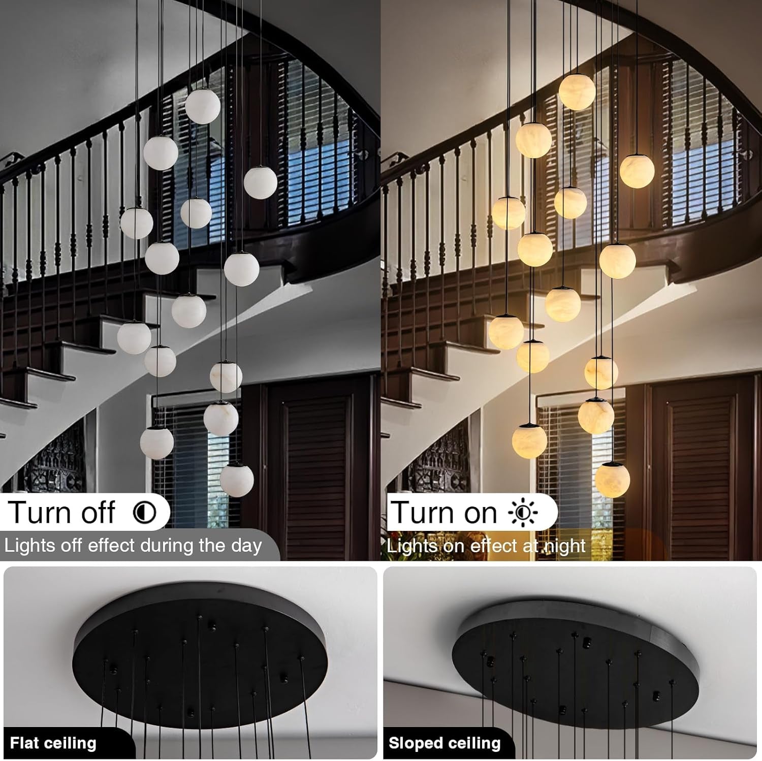 Black Alabaster Staircase Chandelier, 14-Light Modern Marble Pendant Light for High Ceiling Foyer, Luxury Statement Fixture for Entryway & Living Room