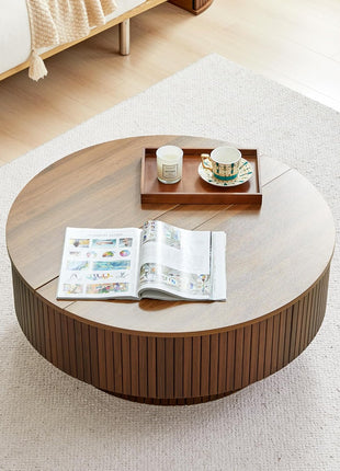 33-Inch Round Coffee Table with Lift-Top and Flip-Top Storage, Modern Fluted Design, Metal Frame, Wooden Center Table for Living Room, Small Spaces, Apartments, and Offices (Walnut)