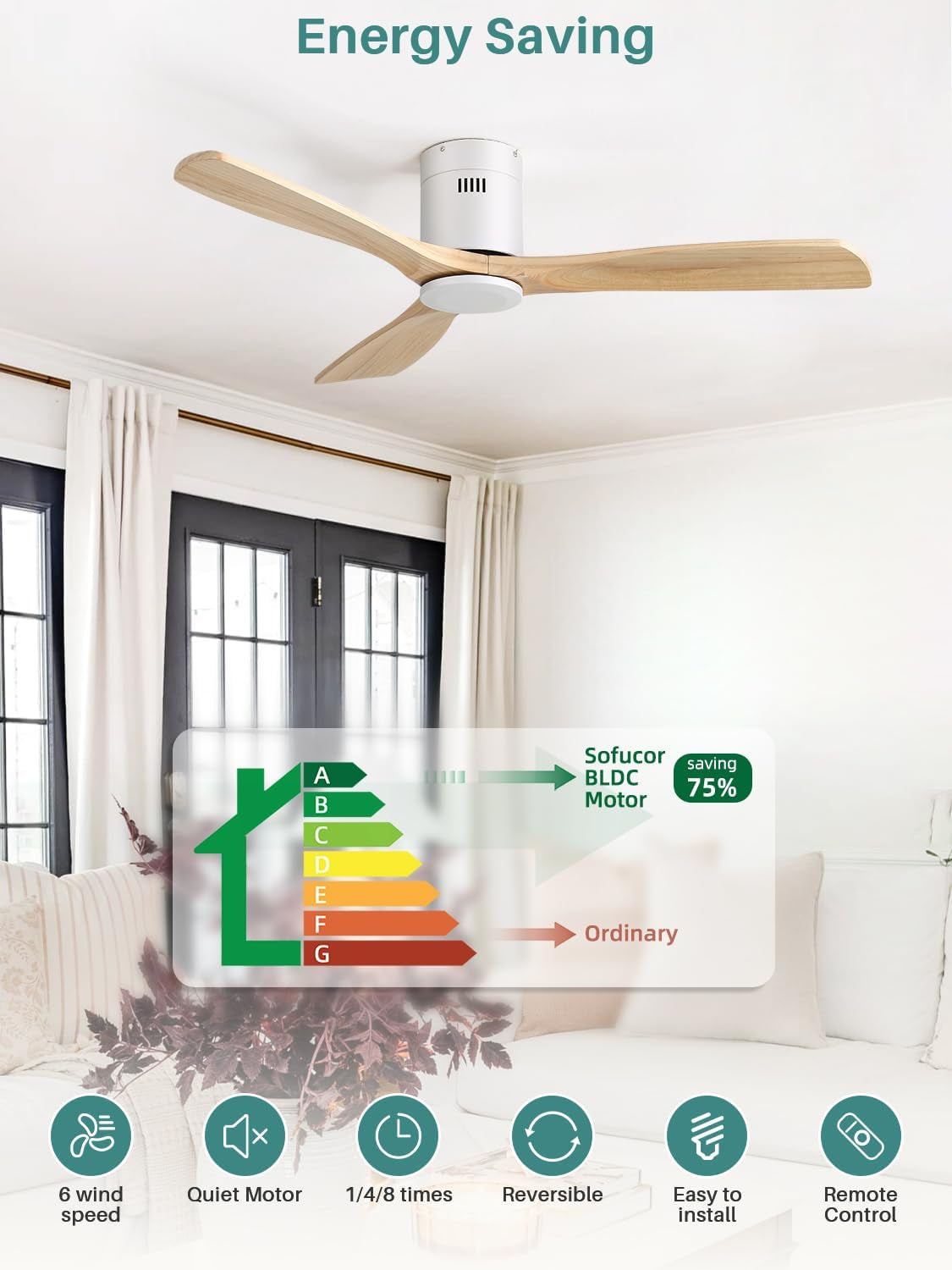 52 Inch Solid Wood Ceiling Fan without Lights Flush Mount Ceiling Fans with Remote Control-Wood Blades Modern Outdoor Ceiling Fan No Light for Bedroom/Farmhouse/Patio/Indoor,Natural Wood White