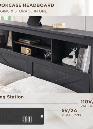 Farmhouse King Size Bed Frame with 52-Inch High Storage Bookcase Headboard, Four Drawers, LED Lighting, and Charging Station in Black