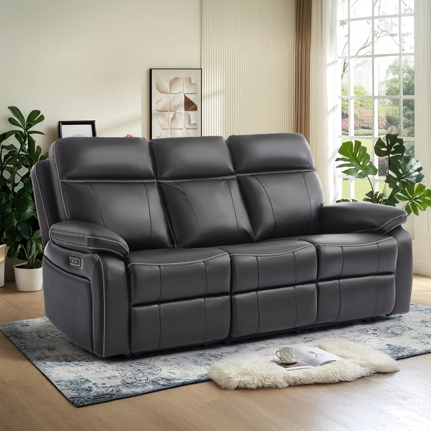 Power Reclining Sofa with Fold down Table, Breathable Leather Electric Reclining Couch, Power Loveseat Recliner Sofa with Cup Holders/Outlets/Usb-C/A Ports for Living Room (Black, 3 Seat)