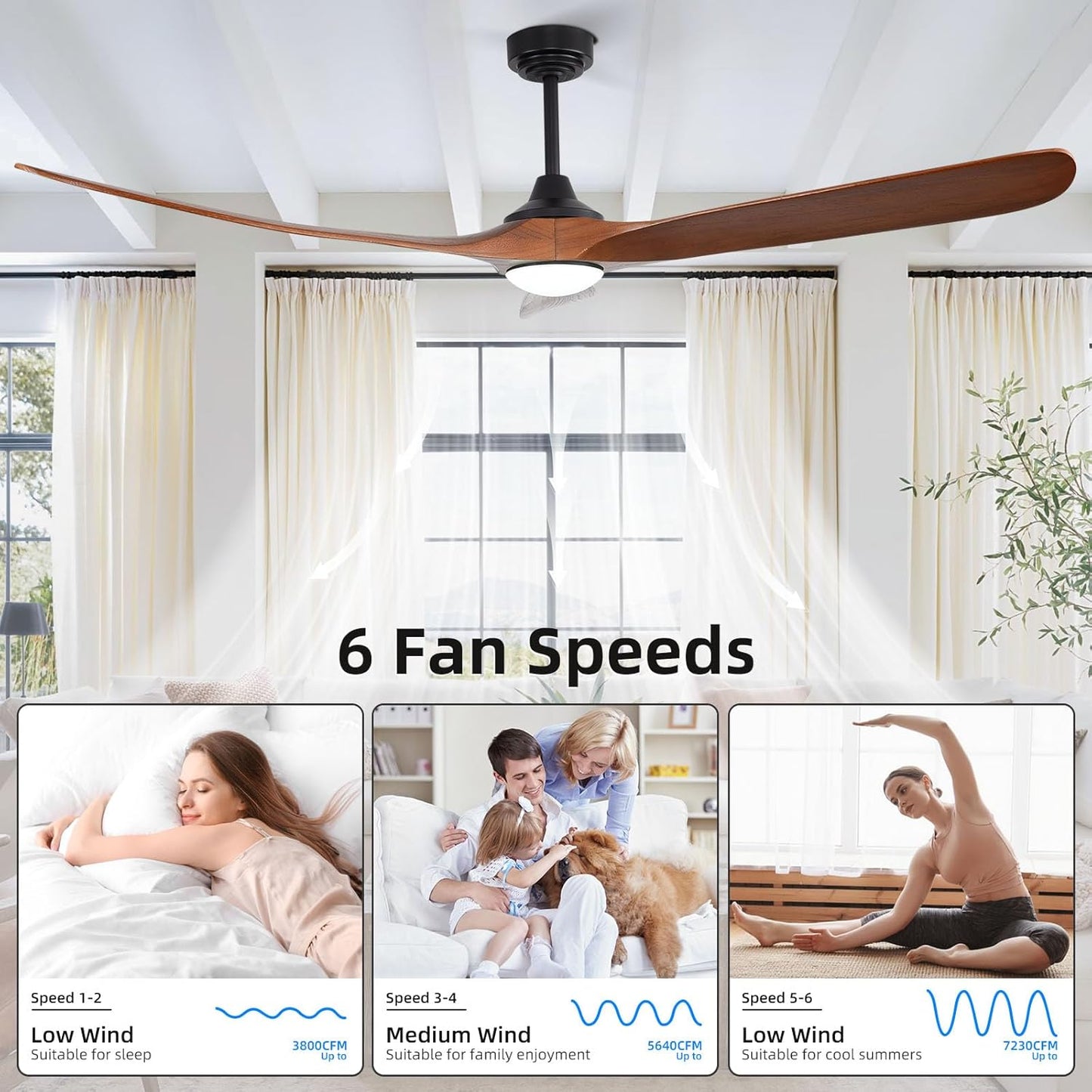 Ceiling Fan with Lights, 72'' Solid Wood Indoor/Outdoor Ceiling Fan with Quiet Reversible DC Motor, Control with WIFI Alexa App, 3CCT Dimmable, 6 Speeds Walnut Outdoor Fan for Patio Porch