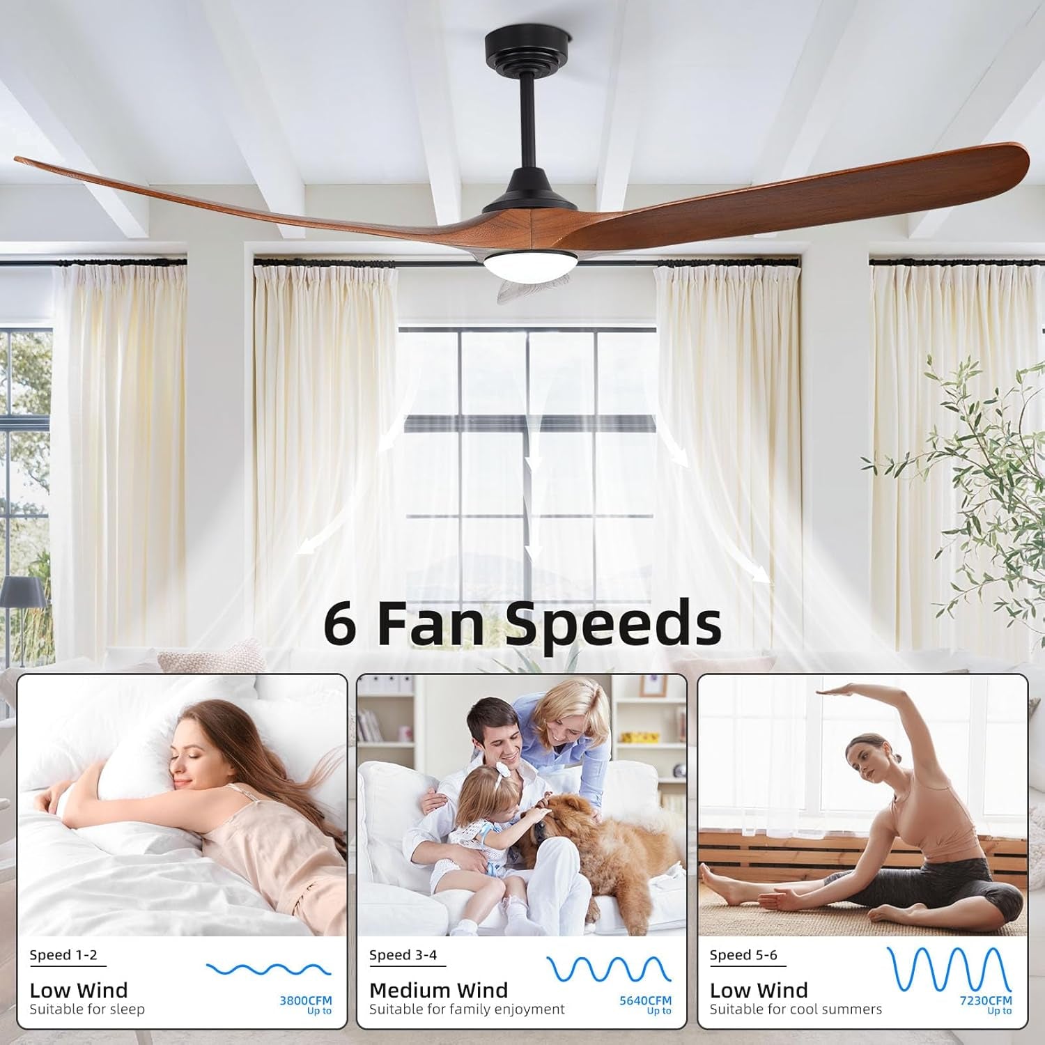 Ceiling Fan with Lights, 72'' Solid Wood Indoor/Outdoor Ceiling Fan with Quiet Reversible DC Motor, Control with WIFI Alexa App, 3CCT Dimmable, 6 Speeds Walnut Outdoor Fan for Patio Porch