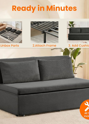Elegant 3-in-1 Queen Size Pull-Out Sofa Bed - Plush Corduroy Couch with Tri-Fold Mattress and Pillows for Compact Living - Dark Grey