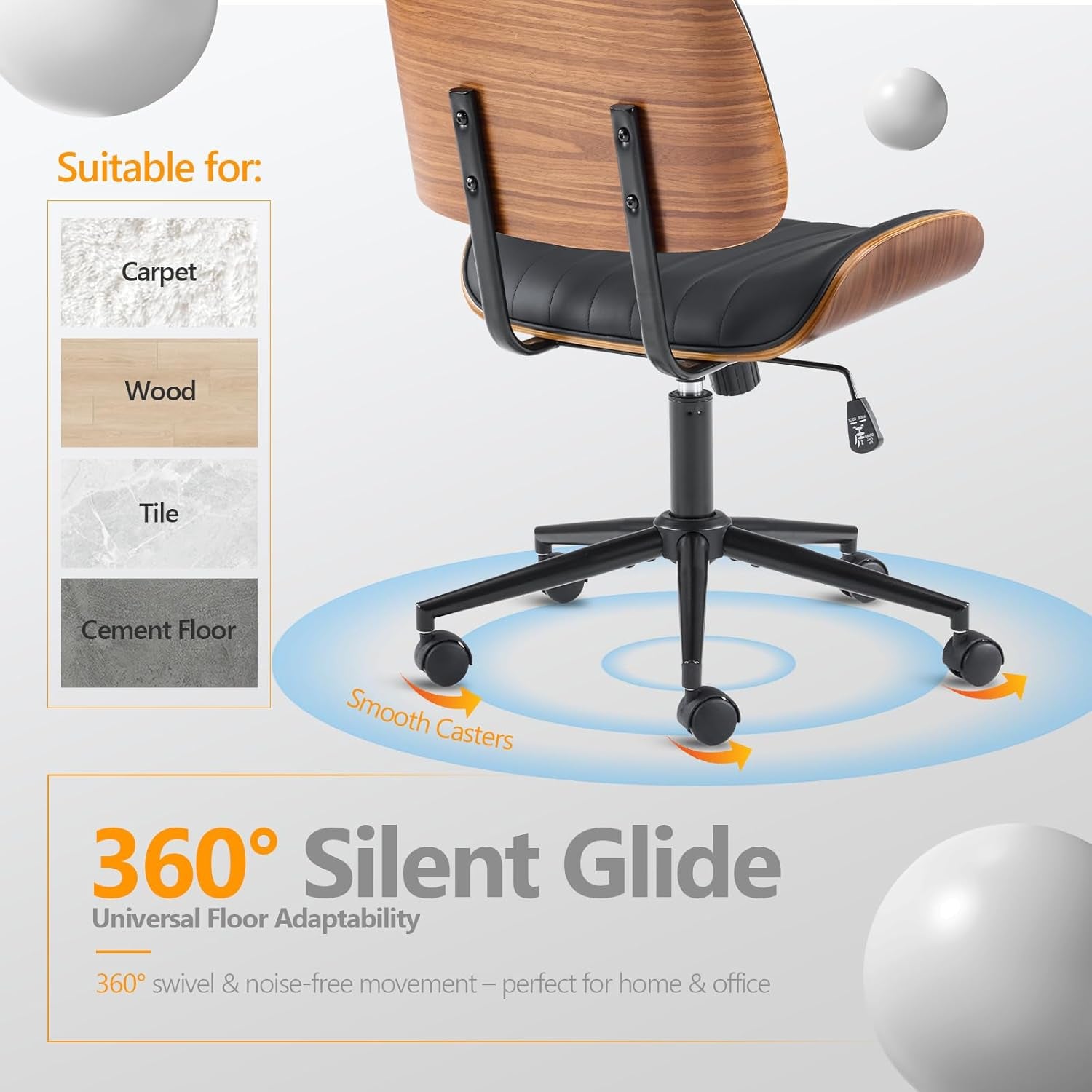 Wide Curved Seat&Back Armless Home Office Chair,Ergoromic Adjustable-Height Desk Chair,Swivel&Tilting Function,Stylish Walnut Task Chair for Meeing Room,Dining Room,Pu, Black