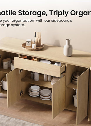 63" Sideboard Cabinet with Storage, Four-Door Buffet Cabinet with Drawer and Adjustable Shelves, Contemporary Wood Credenza Coffee Bar for Living and Dining Rooms, Natural Oak Finish