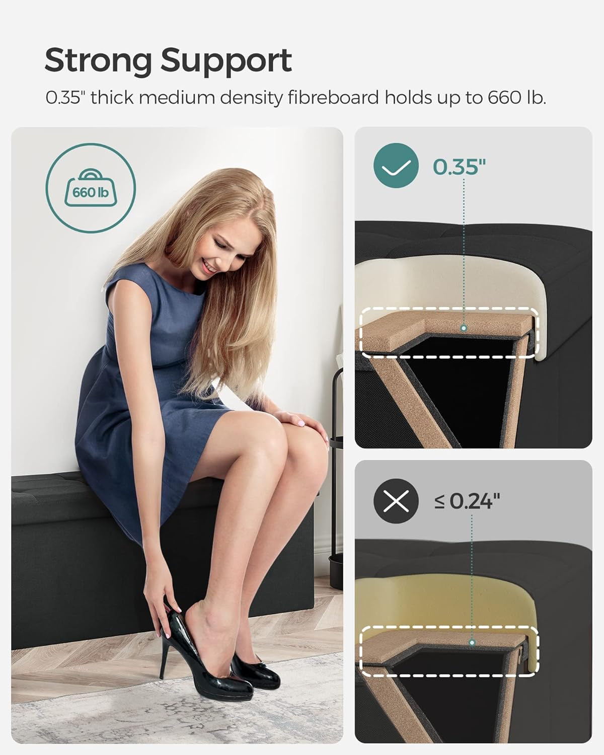 MAZIE Collection - 43 Inches Folding Storage Ottoman Bench, Ottoman Foot Rest, End of Bed Bench, Storage Chest, Load 660 Lb, for Living Room, Bedroom, Entryway, Ink Black ULSF077B01