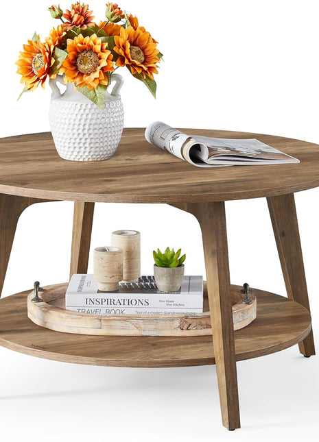 MAEZO Collection Round Coffee Table - 2-Tier Center Table with Storage, Tapered Legs, Curved Transitions, 31.5" Diameter x 17.7" Height, Easy Assembly, Honey Brown Finish for Living Room