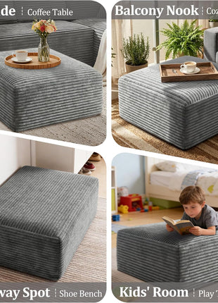 Oversized Foam Support Corduroy Ottoman for Living Room and Bedroom in Light Gray - No Assembly Required