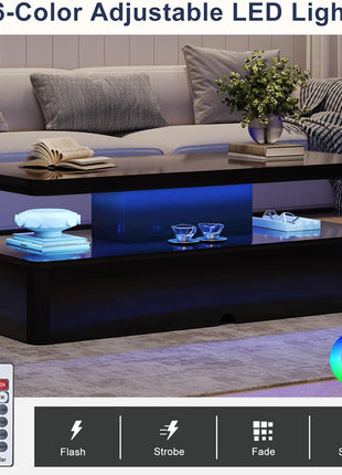 Contemporary 40-Inch LED-Illuminated Rectangular Coffee Table with Dual Tiers and Ample Storage, High Gloss Wooden Finish, Ideal for Living Room, Bedroom, and Office, Black