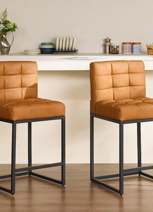 Contemporary Set of 2 Counter Height Bar Stools, 25" Brown Faux Leather with Back, Durable Metal Legs, Upholstered Checkered Design for Kitchen Island