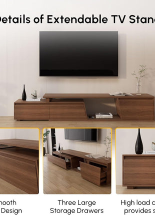 Extendable Walnut TV Stand for Living Room - Minimalist Media Console with Three Drawers and Adjustable Design for TVs up to 110 Inches