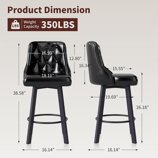 Swivel Barstools Set of 2, 26’’H Modern Counter Height Barstool with Metal Legs,Faux Leather Upholstered Bar Stools with Back for Kitchen Island, Dining Room, Pub - Black 2PACK