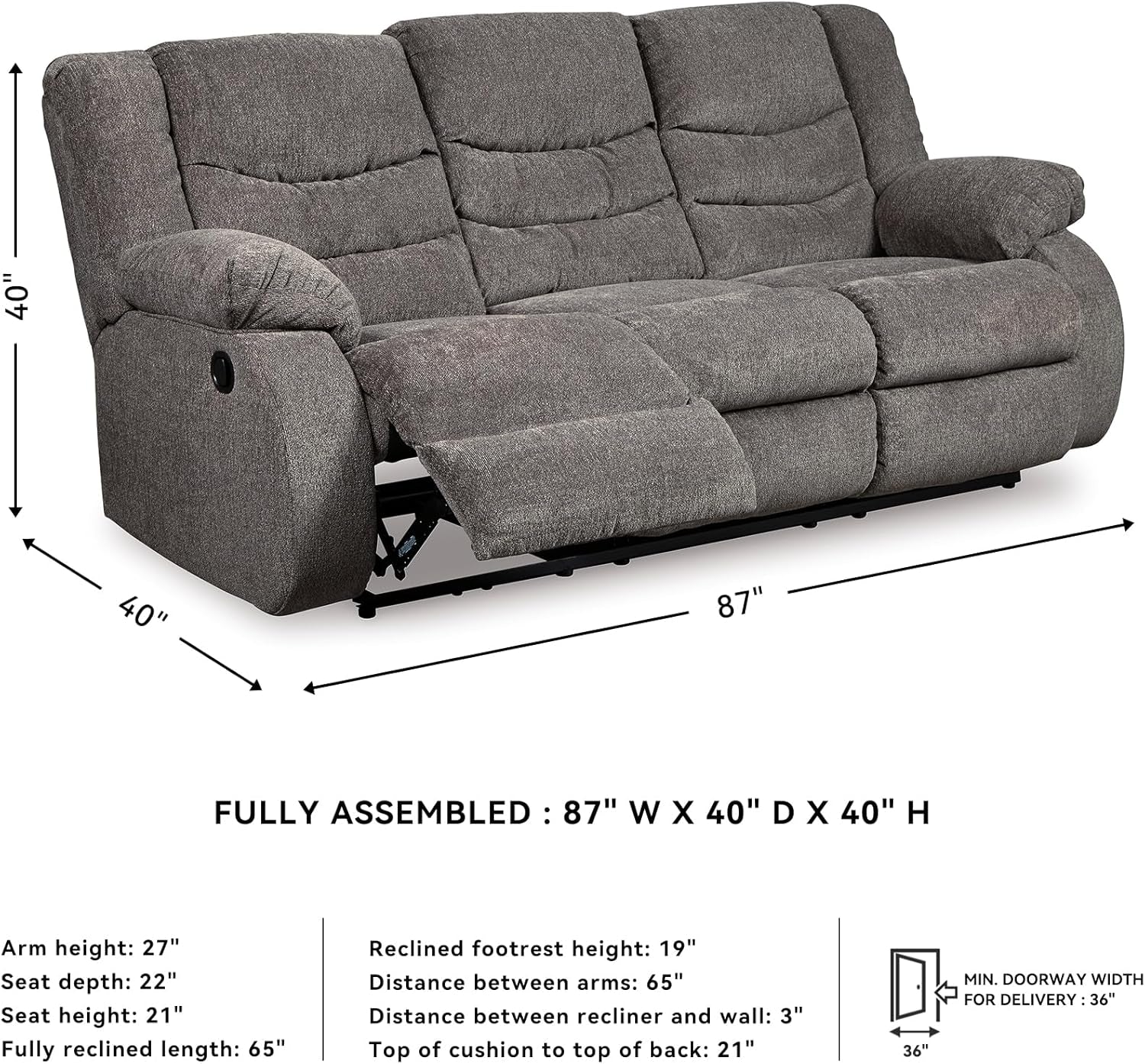 Tulen Modern Manual Pull Tab Reclining Sofa, Dark Gray