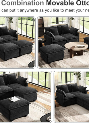 58-Inch Modular Sectional Loveseat with Deep Seating, Removable Washable Pillows, and Ottomans - Perfect for Living Room, Bedroom, or Apartment in Black
