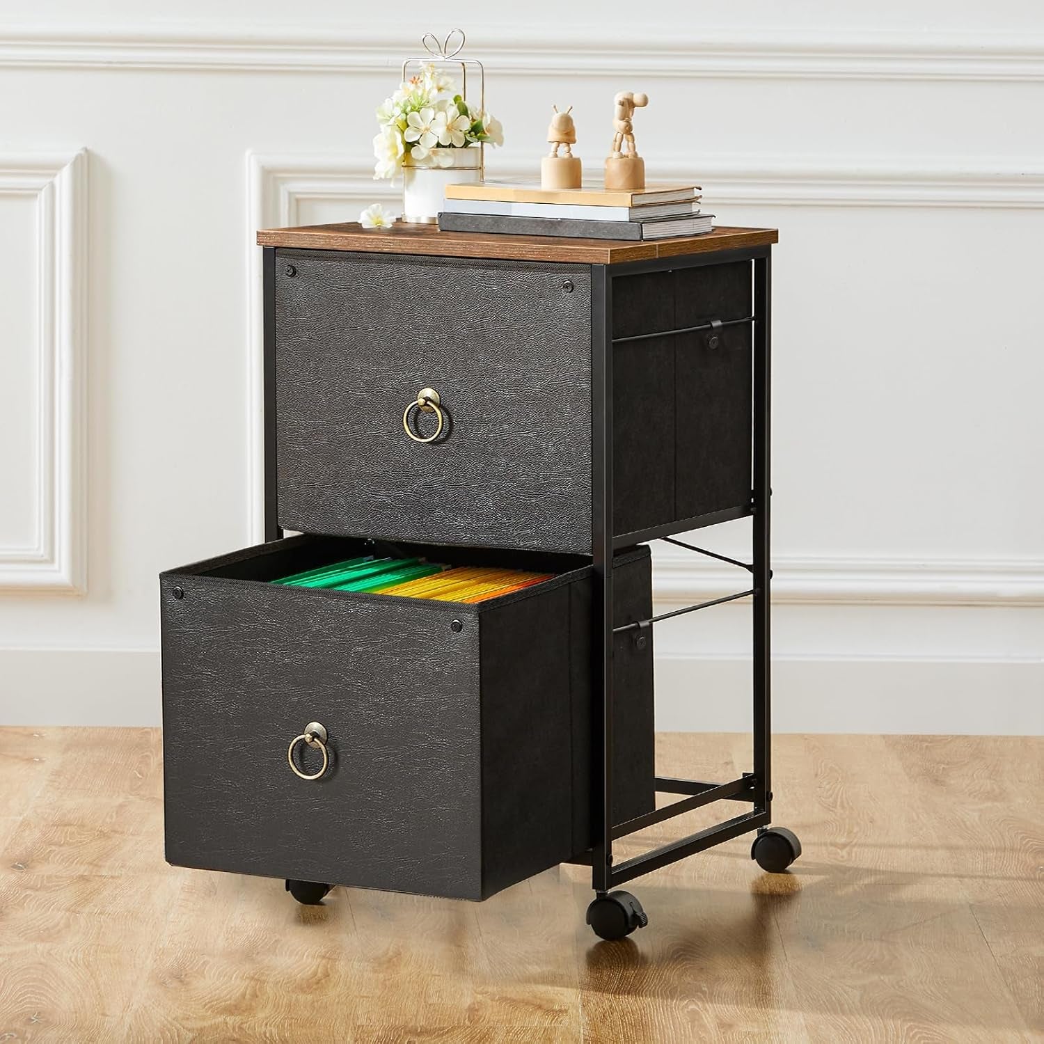 2 Drawer Mobile File Cabinet, Rolling Printer Stand, Vertical Filing Cabinet, Office Drawers, Filing Cart for Home Office, A4/Letter Size, Nonwovens Drawer, Black and Rustic Brown BFK20WJ01