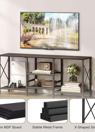 55-Inch Modern TV Stand with 3-Tier Open Shelves - Contemporary Entertainment Center for Living Room and Bedroom in Black Finish