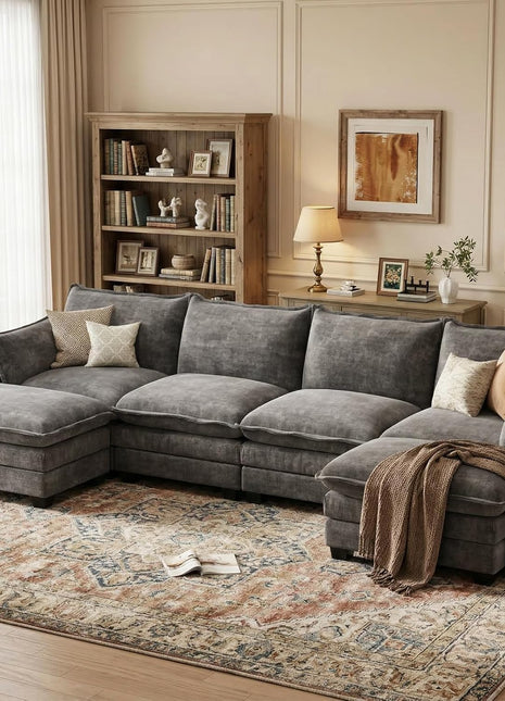 U-Shaped Modular Sectional Sofa with Movable Ottoman - Luxurious Chenille Couch with Pillows for Living Room, Bedroom, or Apartment in Dark Gray, Combining Comfort, Quality, and Ease of Assembly