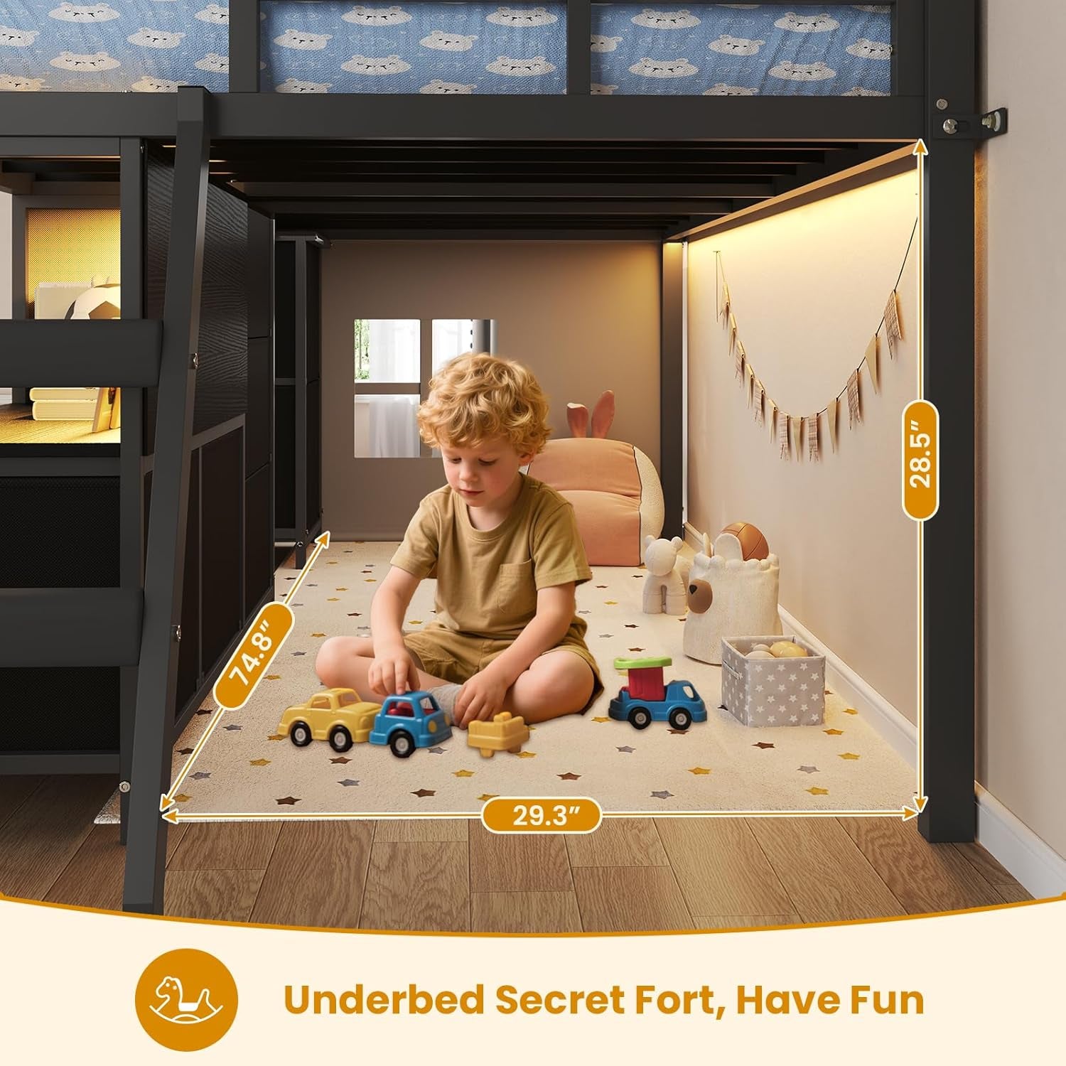 Low Loft Bed Twin Size with 7 Storage Drawers, Bookcase and LED Lights, Metal Kids Loft Bed with 14" H Safety Guardrail,Inclined Ladder and Play Curtain, Under-Bed Play Space, Black