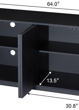 64-Inch Wooden Fluted Sideboard Buffet Cabinet with Adjustable Shelves for Kitchen and Living Room (Black)