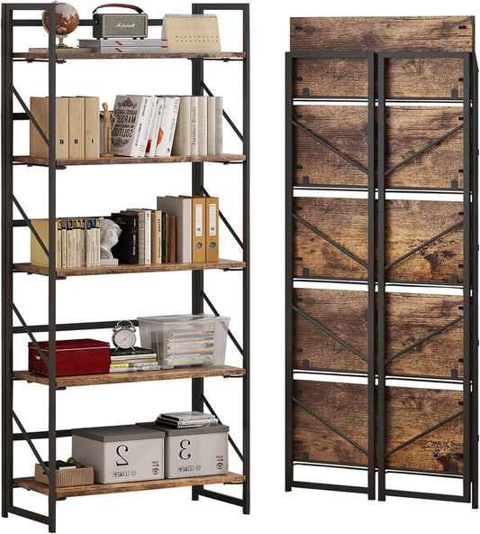 No Assembly Folding Bookshelf, 5 Tier Industrial Metal Book Shelf for Storage, Vintage Wood Foldable Bookcase for Living Room, Bedroom, Office Organization Shelves