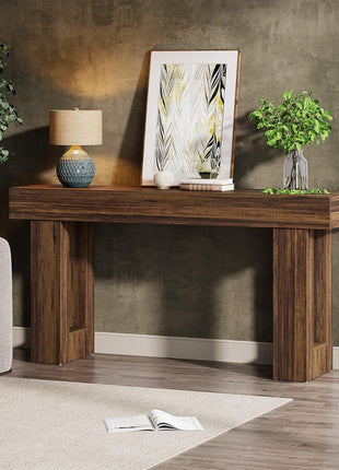 63-Inch Rectangular MDF Wood Grain Console Table for Living Room, Entryway, and Hallway in Rustic Brown Finish